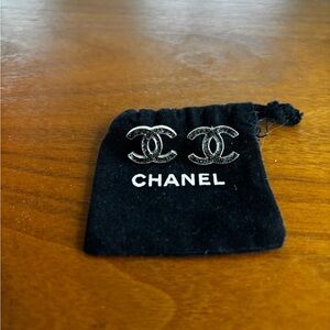 CHANEL Black and Silver Logo Earrings